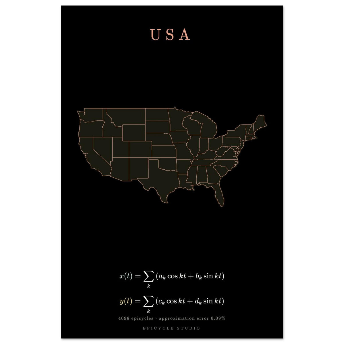 USA map drawn by 4096 rotating circles, salmon line art on a matte poster (4)