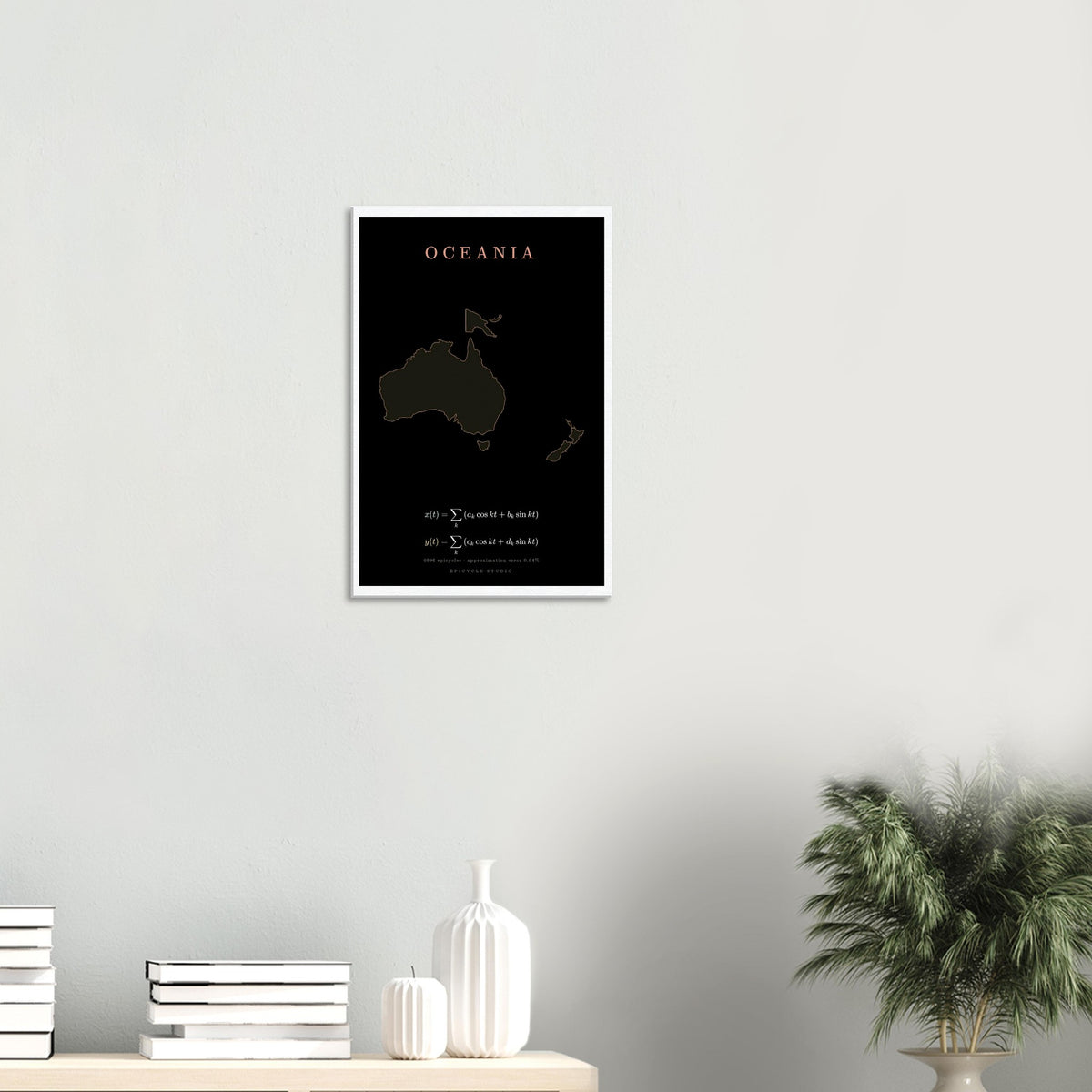 Oceania map drawn by 4096 rotating circles, salmon line art on a canvas print (5)