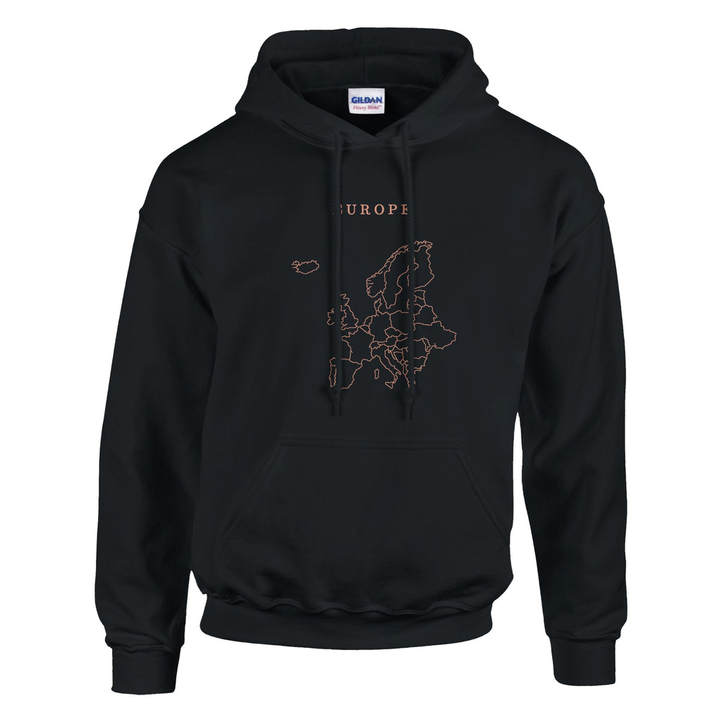 Europe map drawn by 4096 rotating circles, salmon line art on a black hoodie