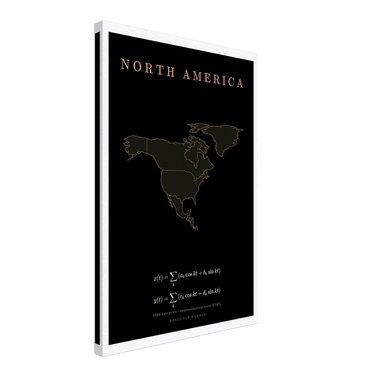 North America map drawn by 4096 rotating circles, salmon line art on a canvas print (2)