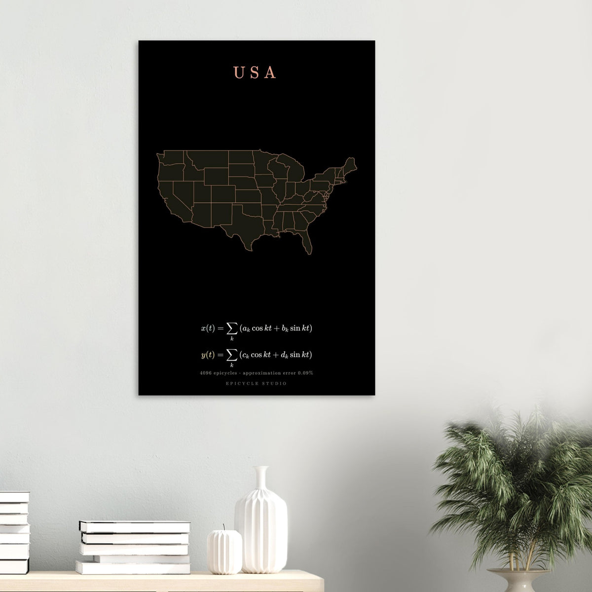 USA map drawn by 4096 rotating circles, salmon line art on a matte poster (6)