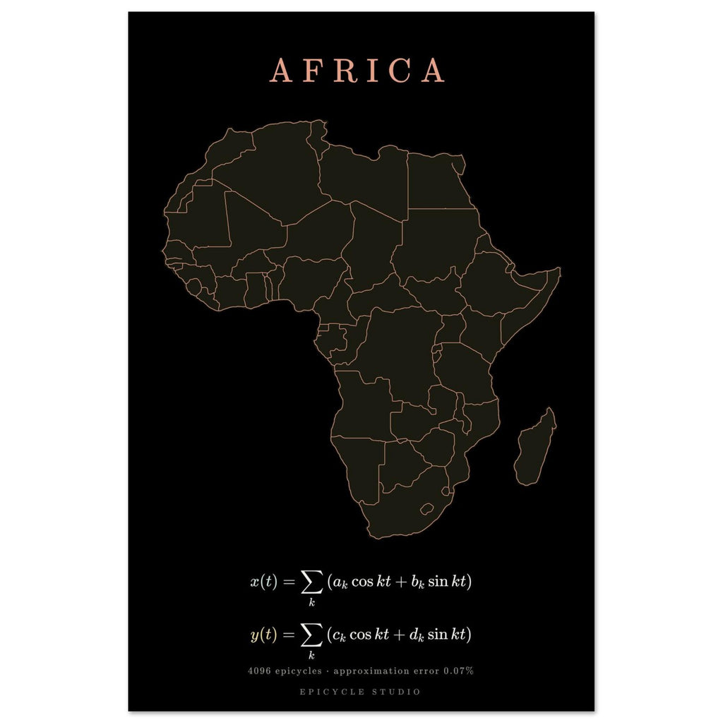 Africa map drawn by 4096 rotating circles, salmon line art on a matte poster (3)