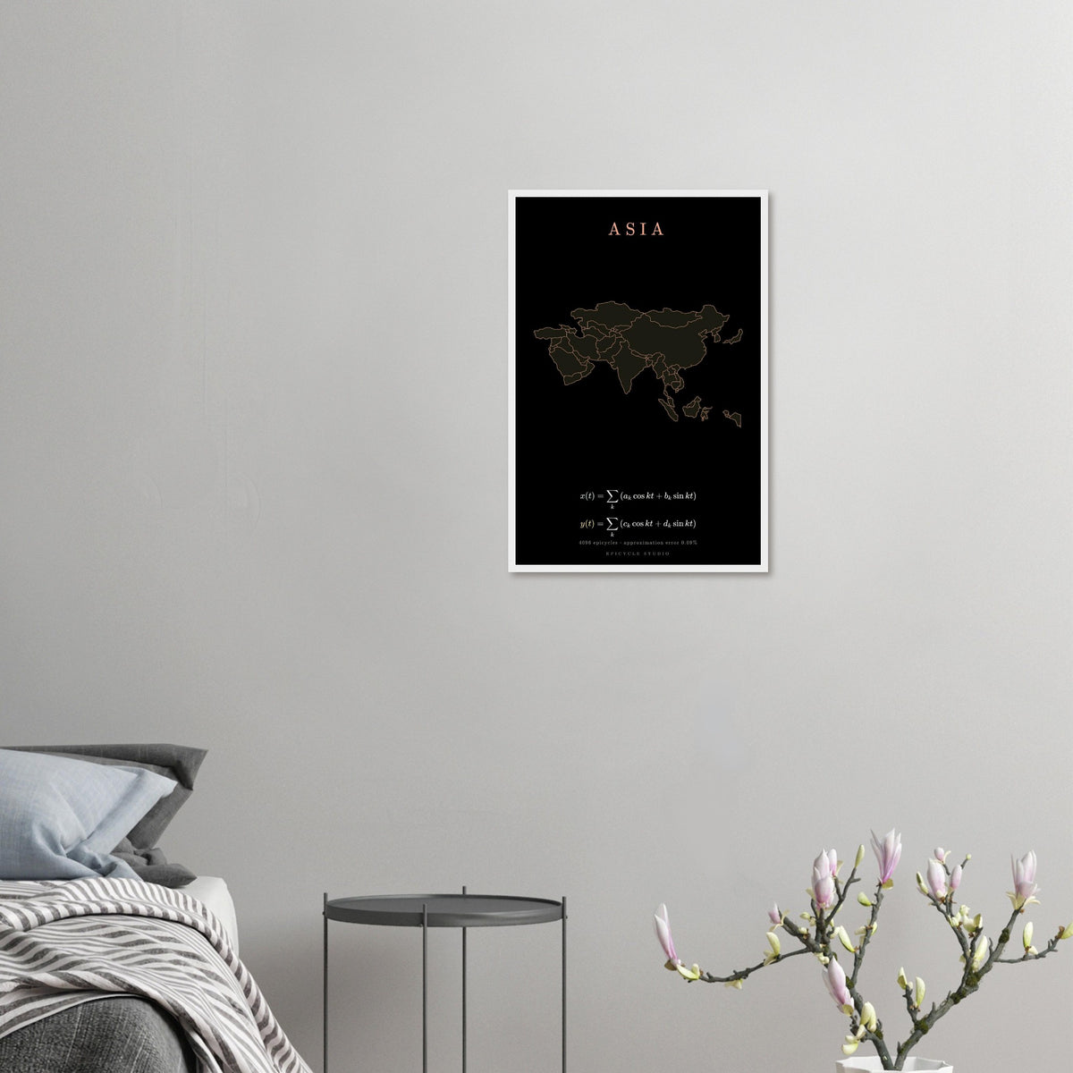 Asia map drawn by 4096 rotating circles, salmon line art on a framed poster (6)