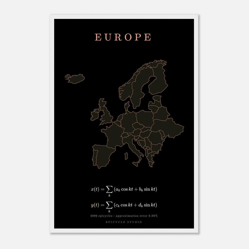 Europe map drawn by 4096 rotating circles, salmon line art on a framed poster (5)