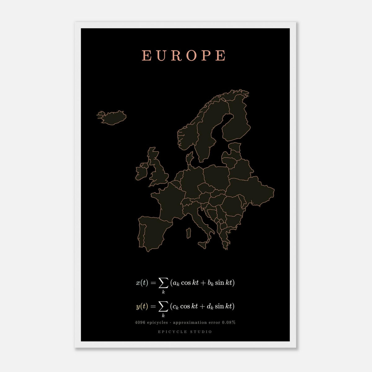 Europe map drawn by 4096 rotating circles, salmon line art on a framed poster (5)