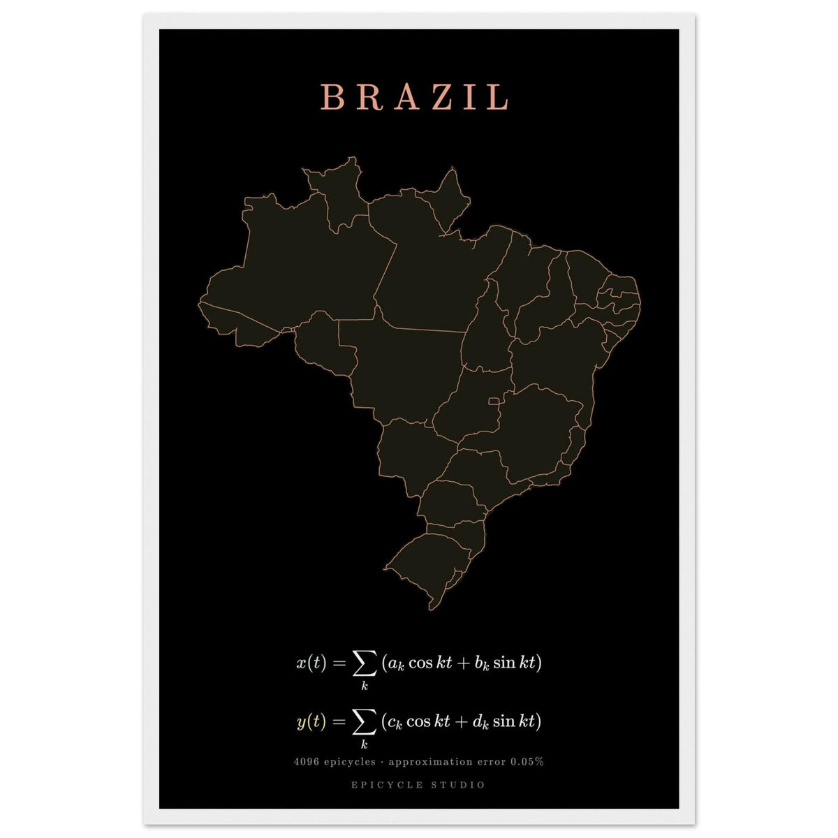Brazil map drawn by 4096 rotating circles, salmon line art on a framed poster (2)