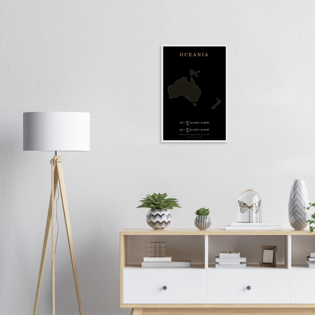Oceania map drawn by 4096 rotating circles, salmon line art on a framed poster (8)