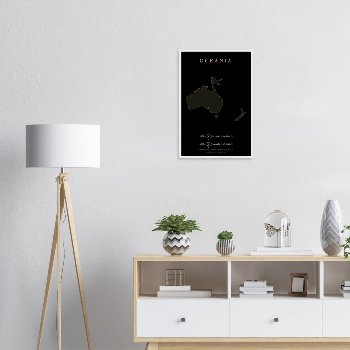 Oceania map drawn by 4096 rotating circles, salmon line art on a framed poster (8)