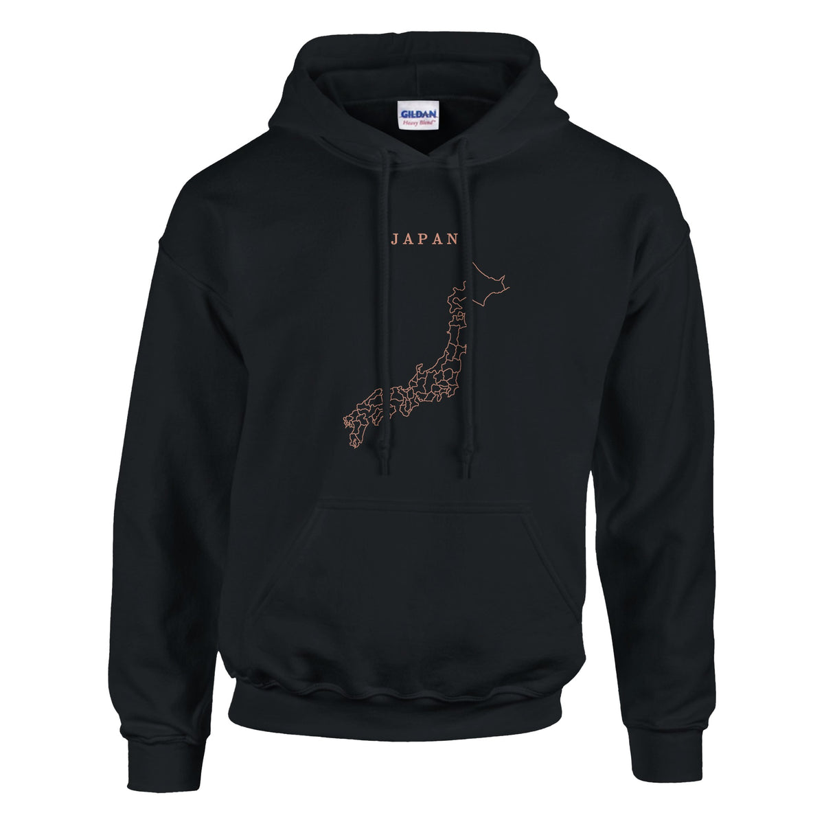 Japan map drawn by 4096 rotating circles, salmon line art on a black hoodie