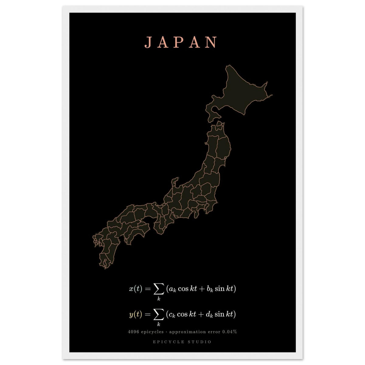 Japan map drawn by 4096 rotating circles, salmon line art on a framed poster (2)