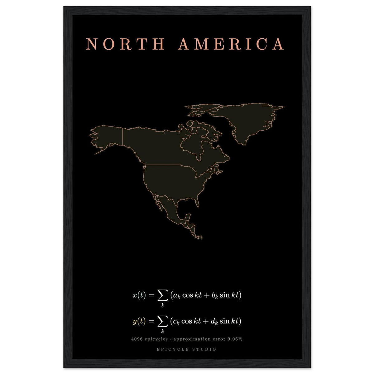 North America map drawn by 4096 rotating circles, salmon line art on a framed poster