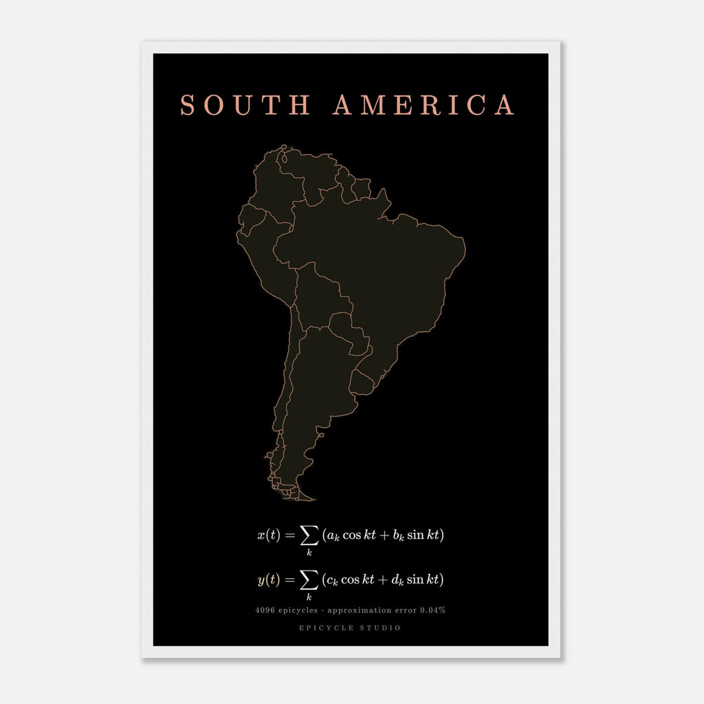 South America map drawn by 4096 rotating circles, salmon line art on a framed poster (5)