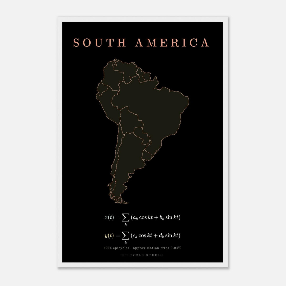 South America map drawn by 4096 rotating circles, salmon line art on a framed poster (5)