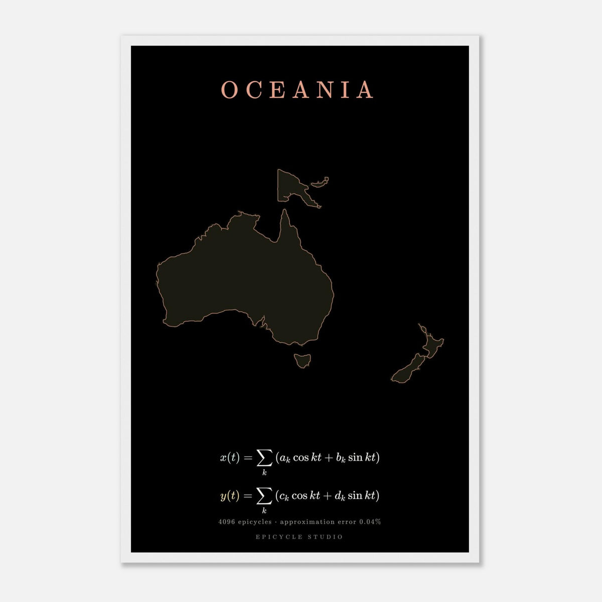 Oceania map drawn by 4096 rotating circles, salmon line art on a framed poster (5)