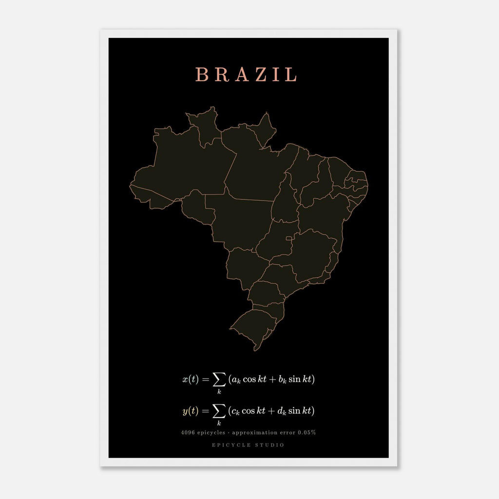 Brazil map drawn by 4096 rotating circles, salmon line art on a framed poster (5)