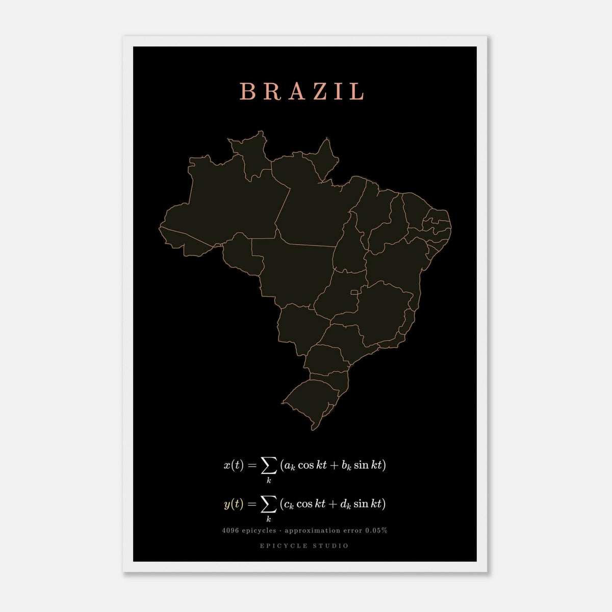 Brazil map drawn by 4096 rotating circles, salmon line art on a framed poster (5)