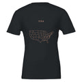 USA map drawn by 4096 rotating circles, salmon line art on a black t-shirt