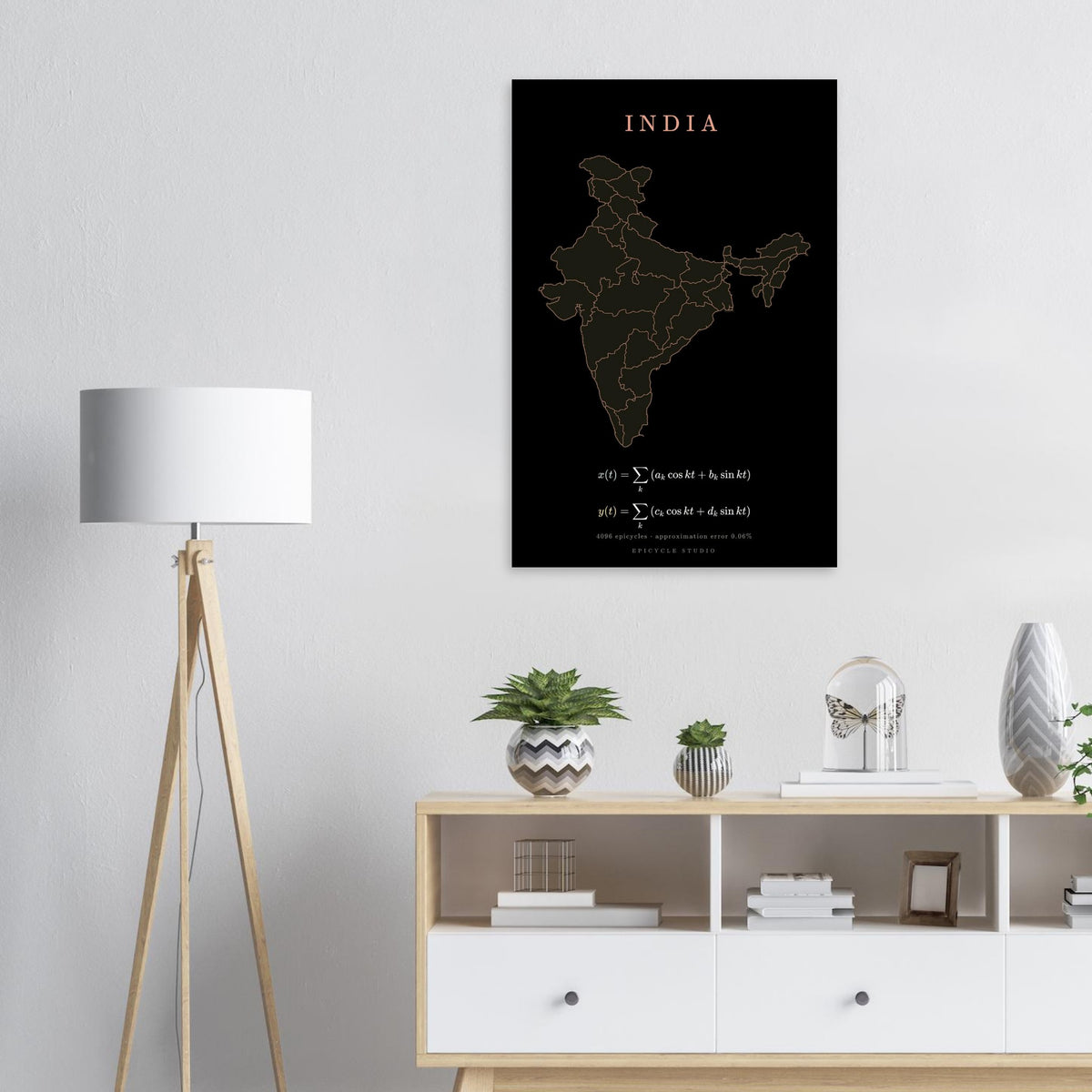 India map drawn by 4096 rotating circles, salmon line art on a matte poster (7)