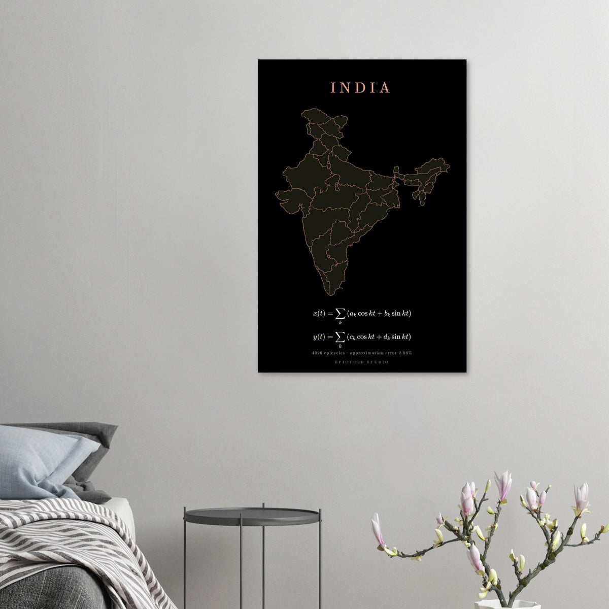 India map drawn by 4096 rotating circles, salmon line art on a matte poster (5)