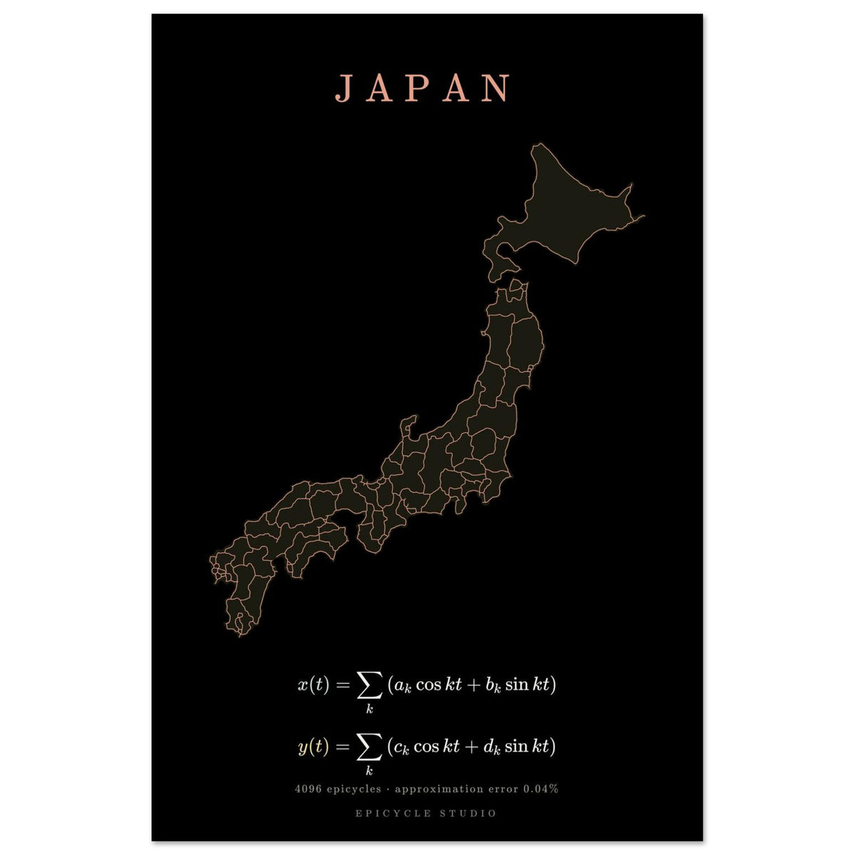 Japan map drawn by 4096 rotating circles, salmon line art on a matte poster (2)