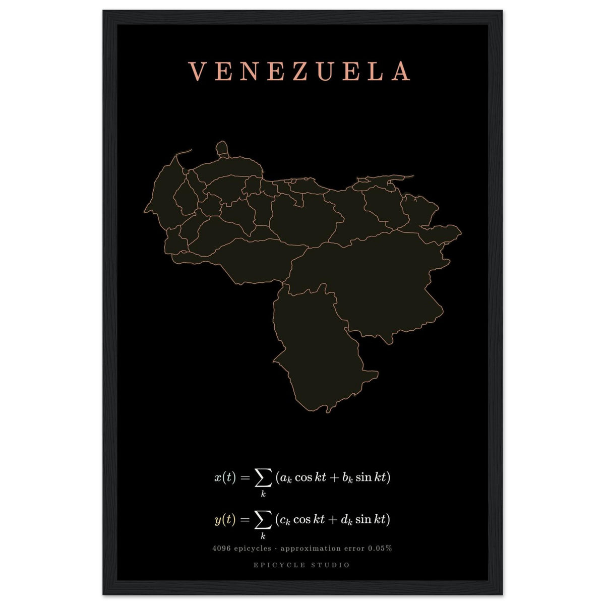 Venezuela map drawn by 4096 rotating circles, salmon line art on a framed poster