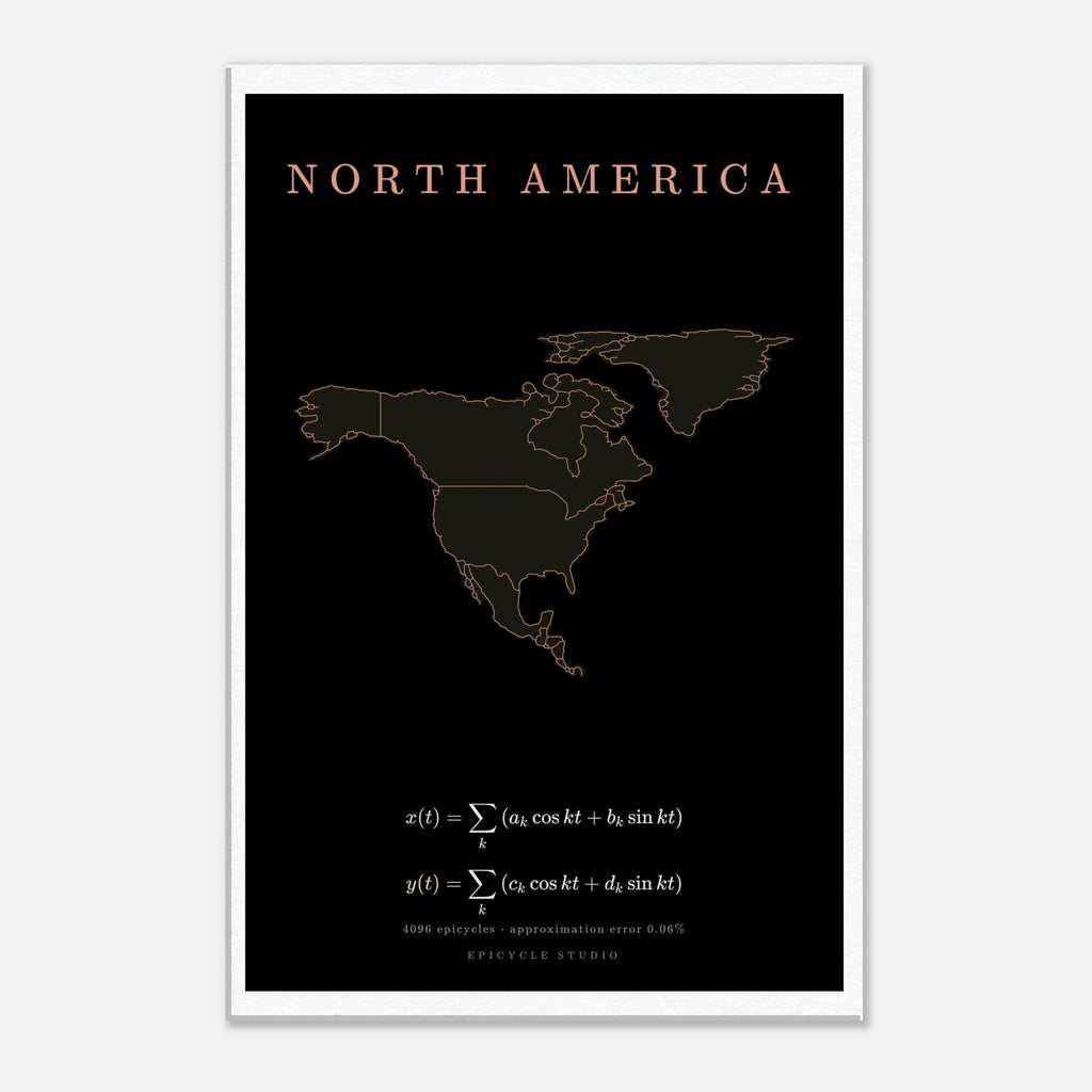 North America map drawn by 4096 rotating circles, salmon line art on a canvas print
