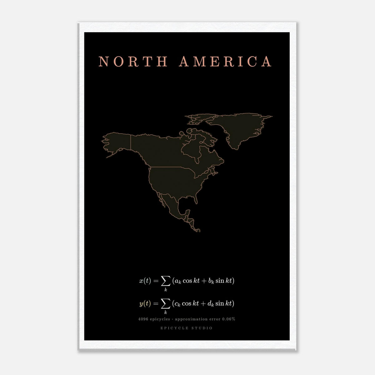 North America map drawn by 4096 rotating circles, salmon line art on a canvas print