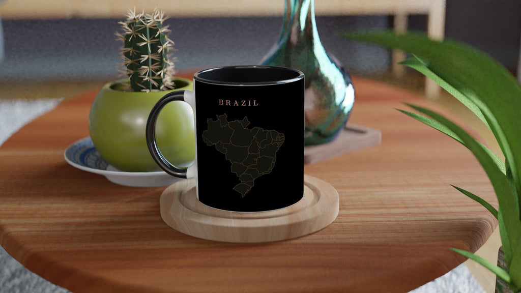 Brazil map drawn by 4096 rotating circles, salmon line art on a black mug