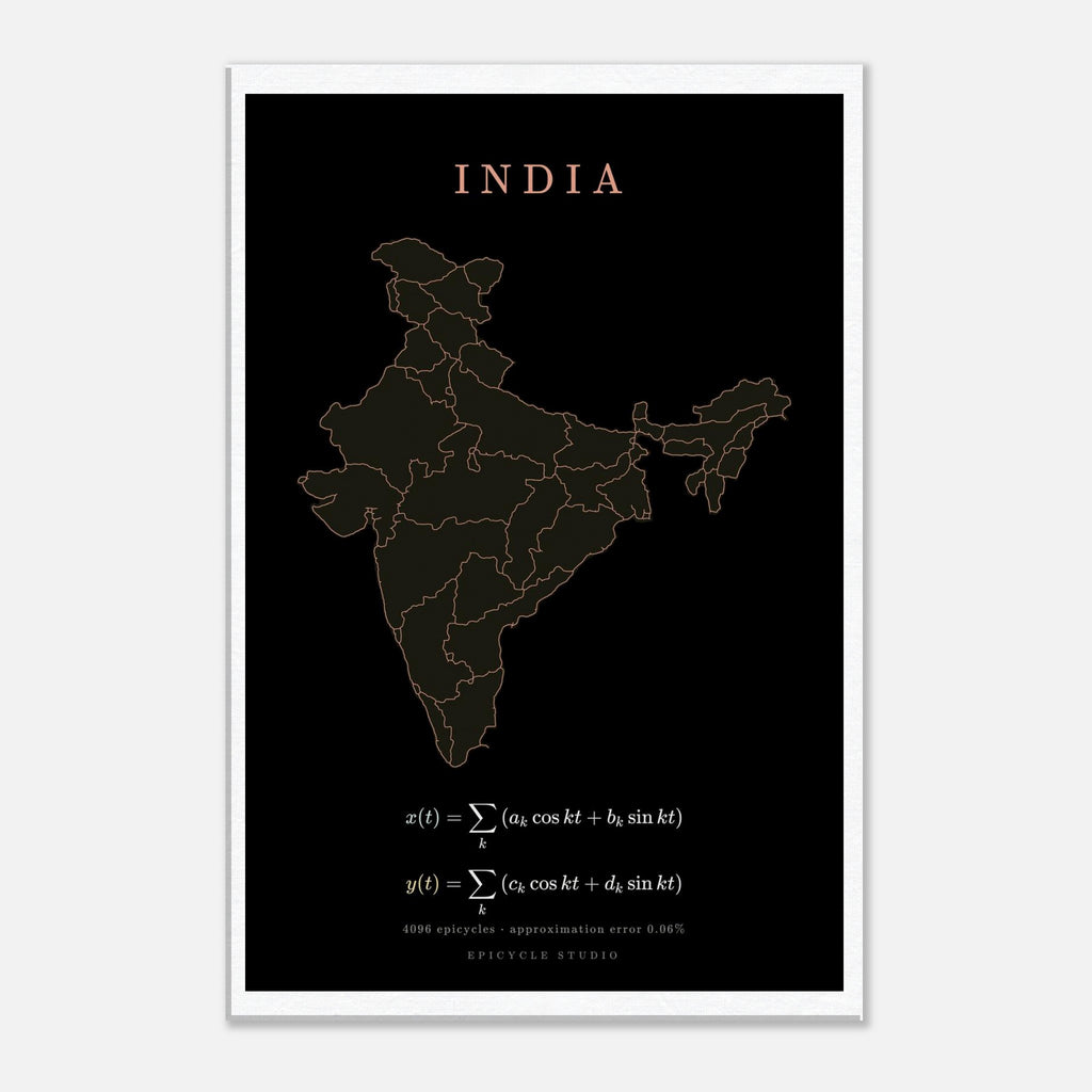 India map drawn by 4096 rotating circles, salmon line art on a canvas print