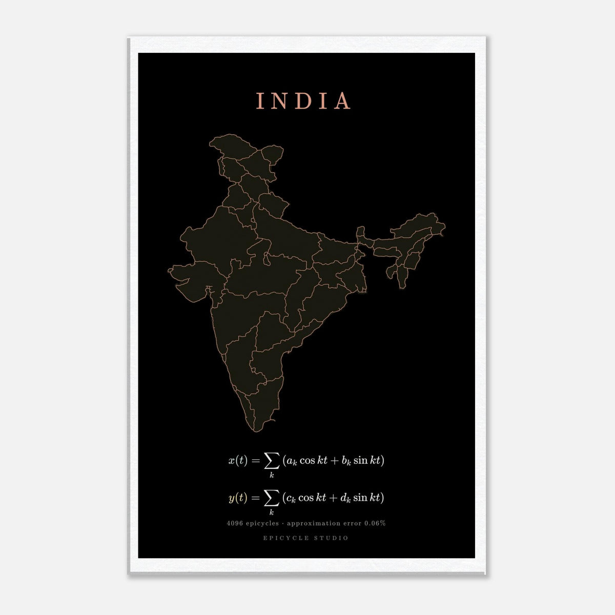 India map drawn by 4096 rotating circles, salmon line art on a canvas print