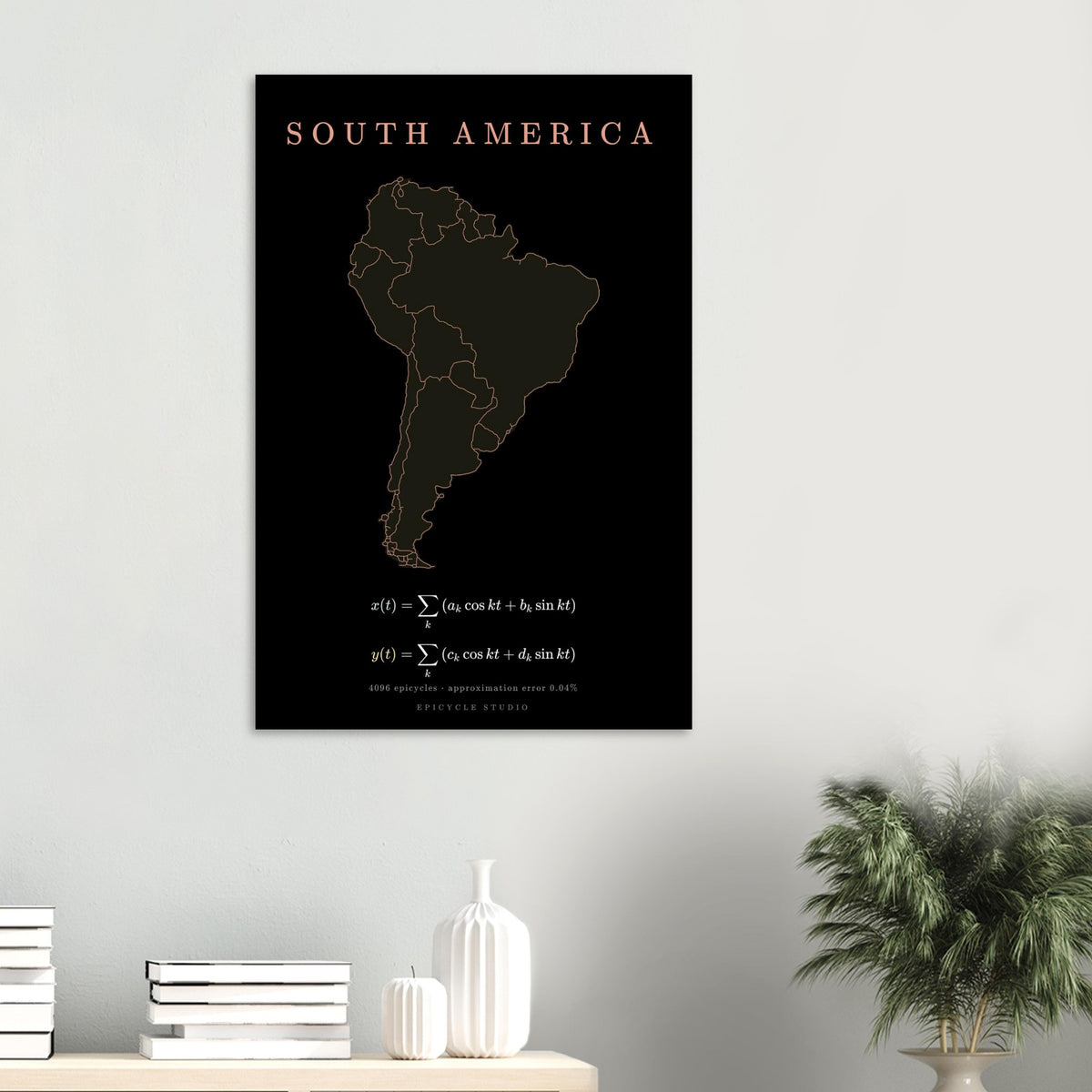 South America map drawn by 4096 rotating circles, salmon line art on a matte poster (6)