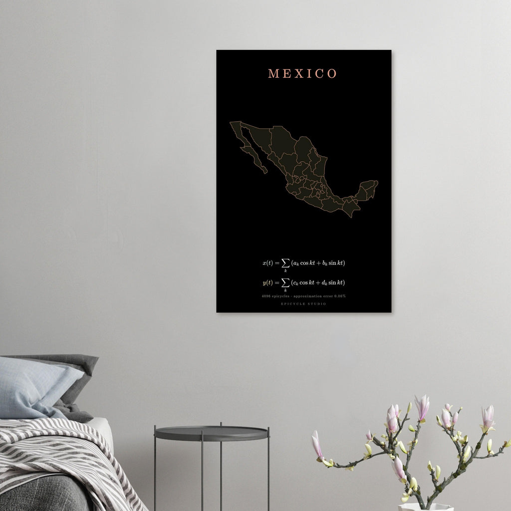 Mexico map drawn by 4096 rotating circles, salmon line art on a matte poster (5)