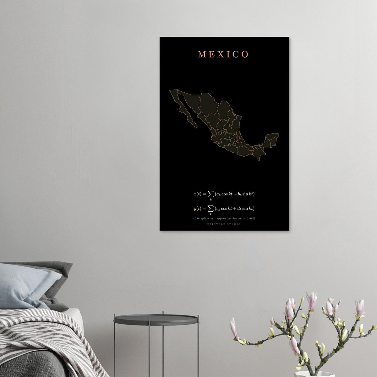 Mexico map drawn by 4096 rotating circles, salmon line art on a matte poster (5)