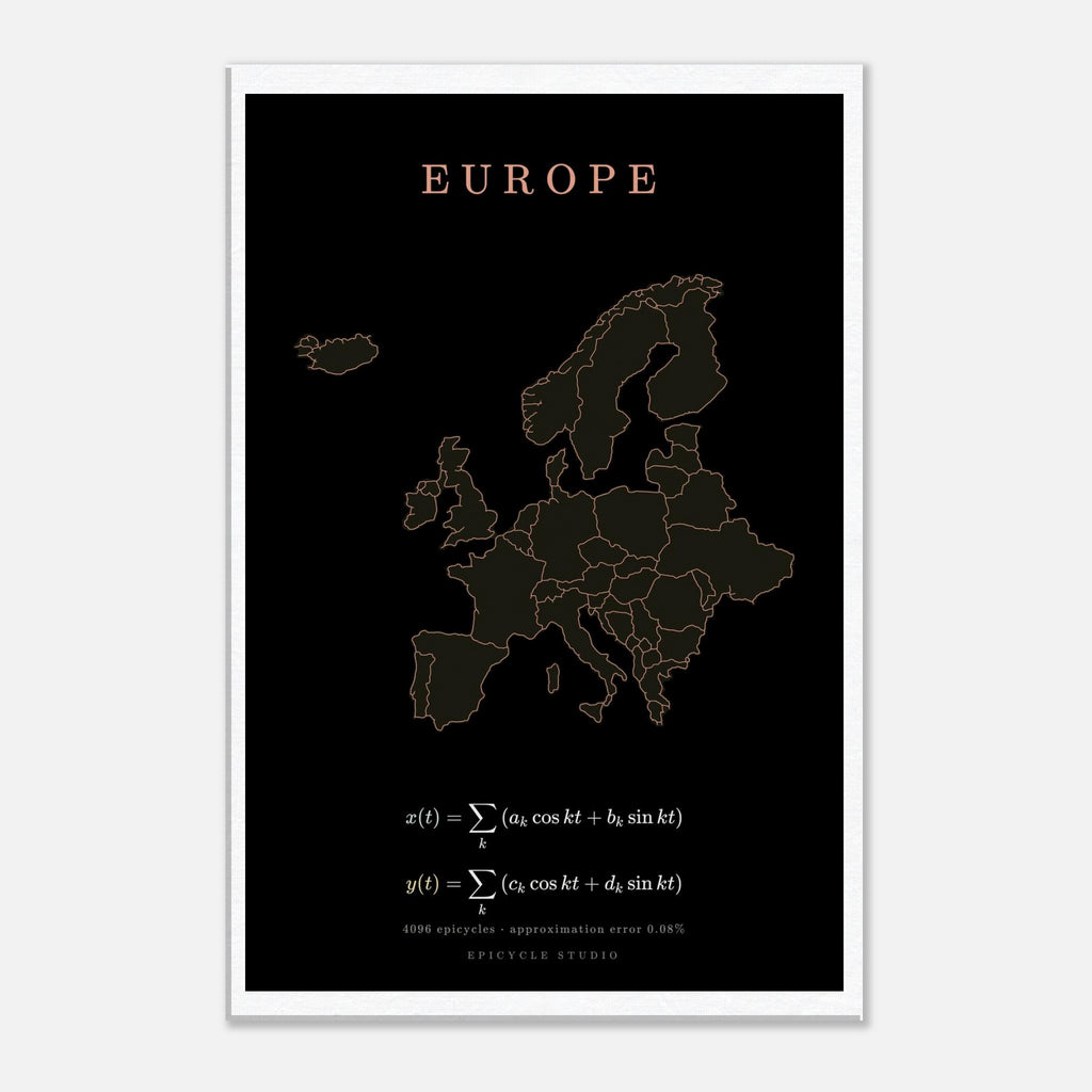 Europe map drawn by 4096 rotating circles, salmon line art on a canvas print