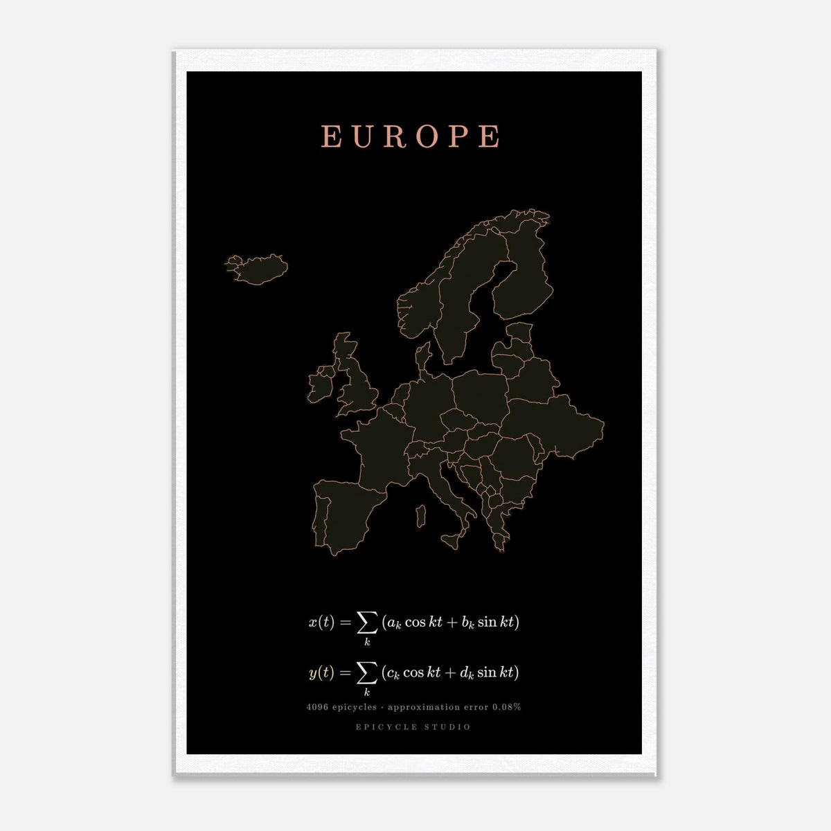 Europe map drawn by 4096 rotating circles, salmon line art on a canvas print