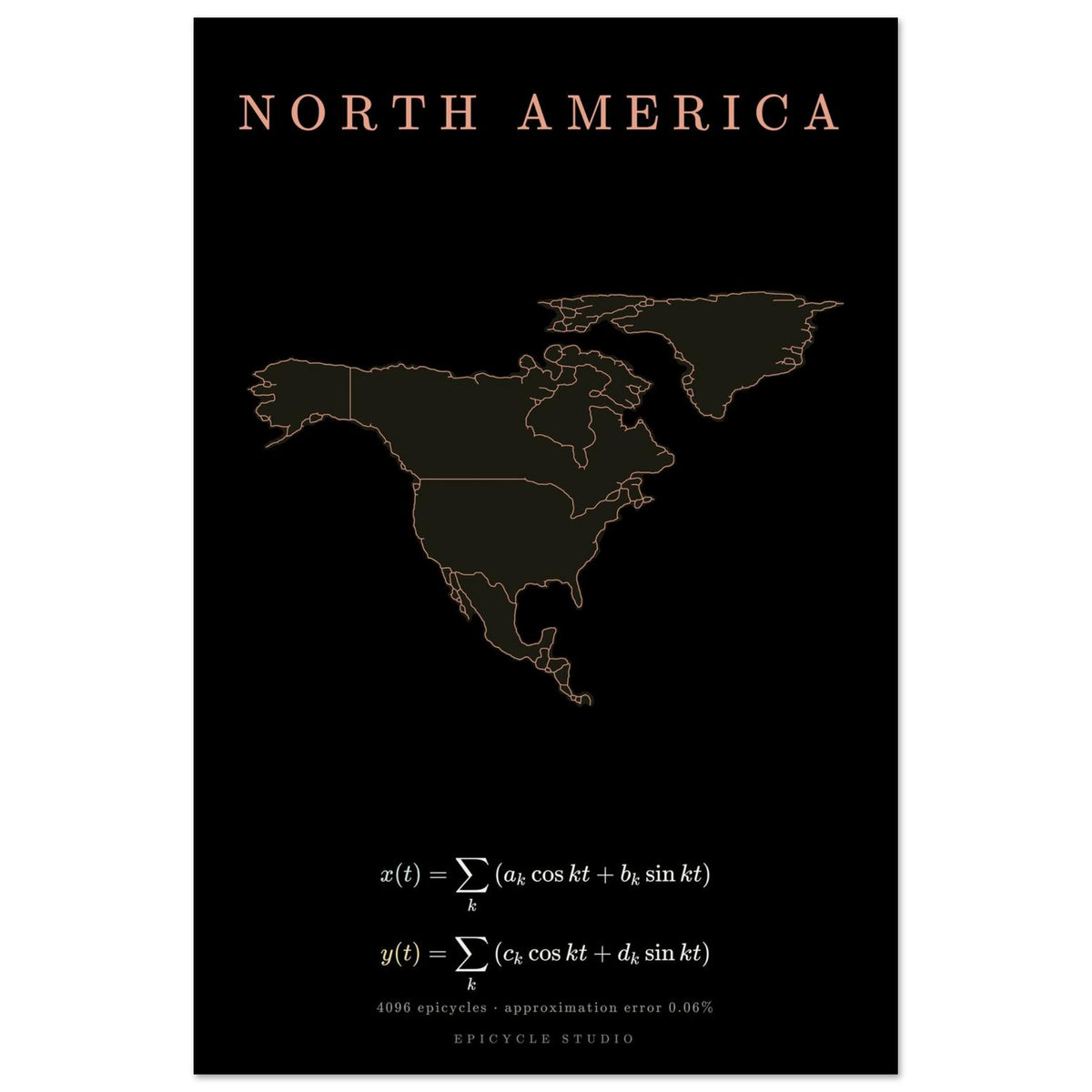 North America map drawn by 4096 rotating circles, salmon line art on a matte poster (2)