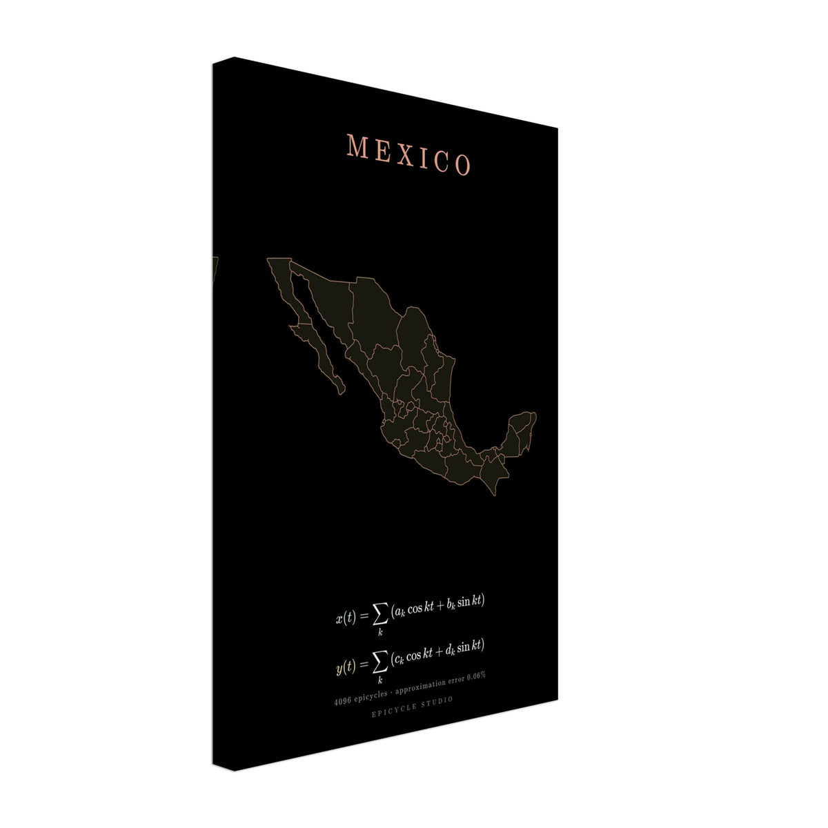 Mexico map drawn by 4096 rotating circles, salmon line art on a canvas print (3)