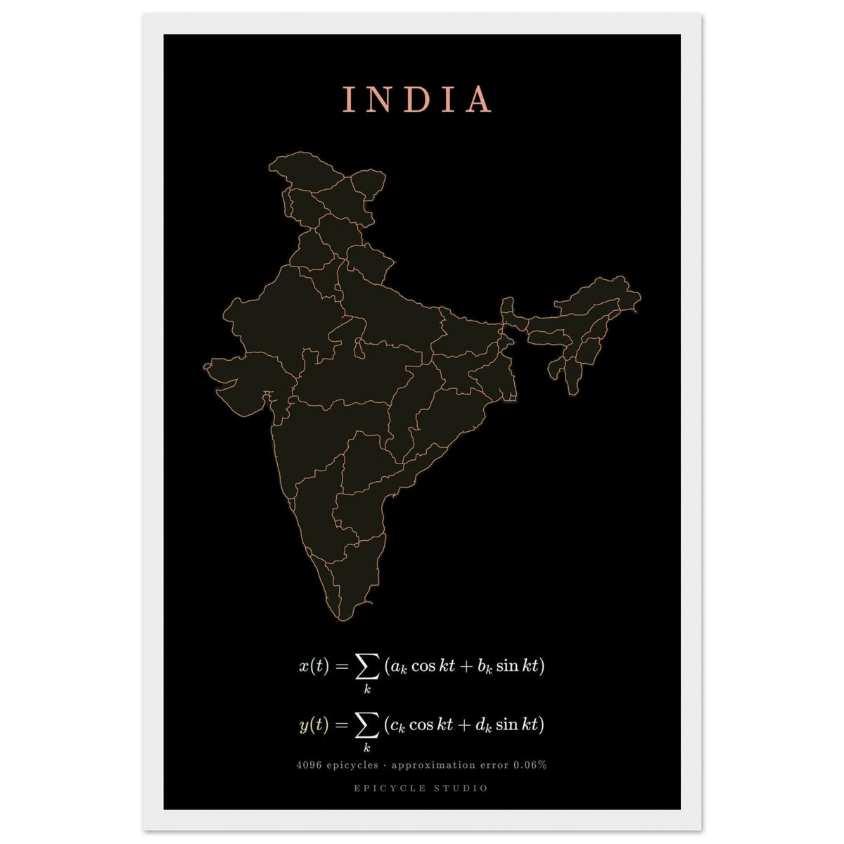 India map drawn by 4096 rotating circles, salmon line art on a framed poster (4)