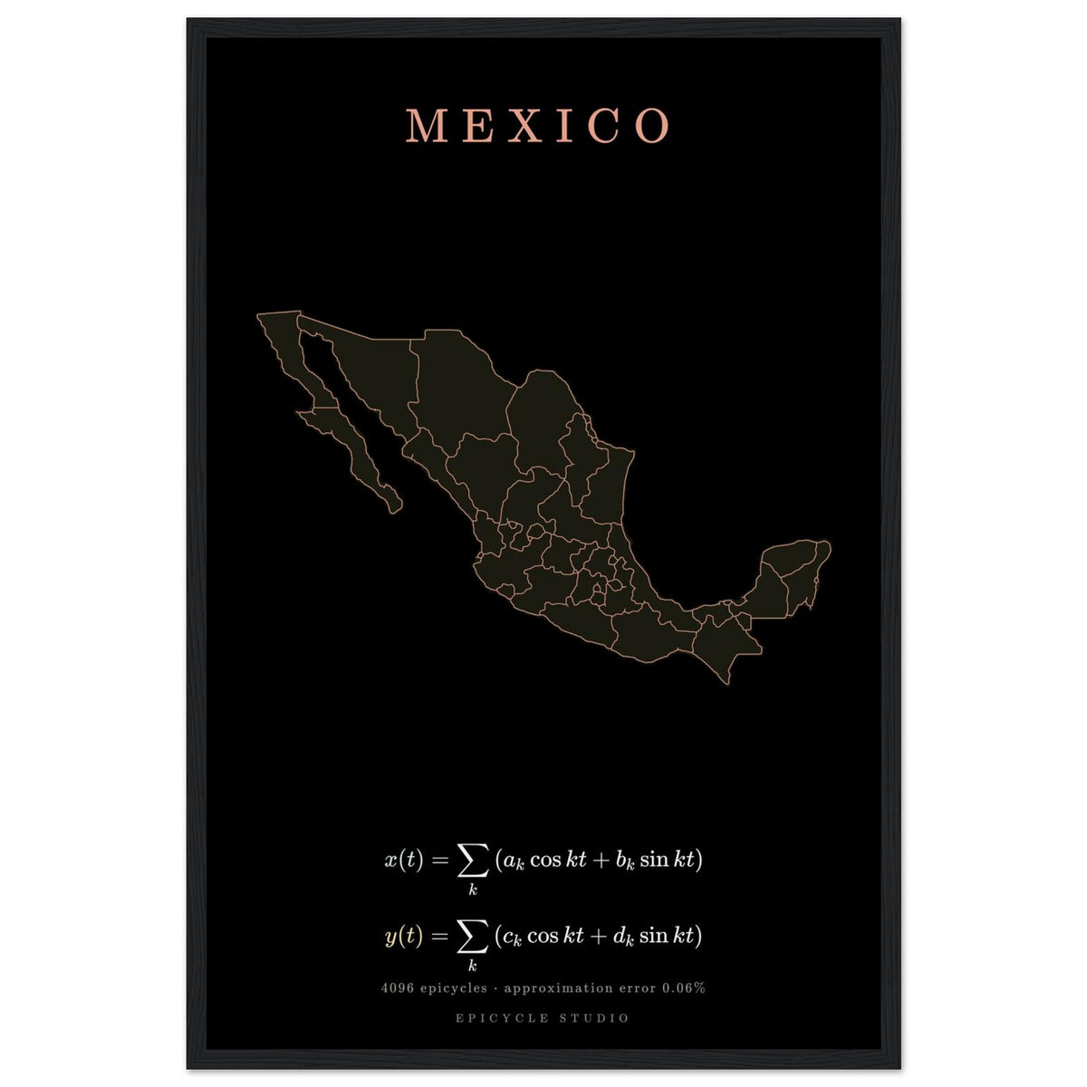 Mexico map drawn by 4096 rotating circles, salmon line art on a framed poster (3)