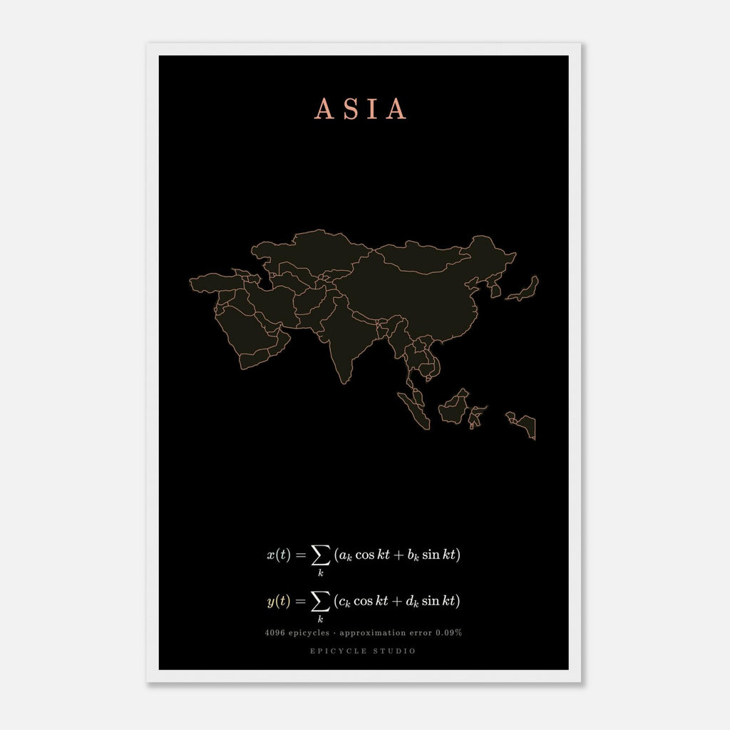 Asia map drawn by 4096 rotating circles, salmon line art on a framed poster (5)