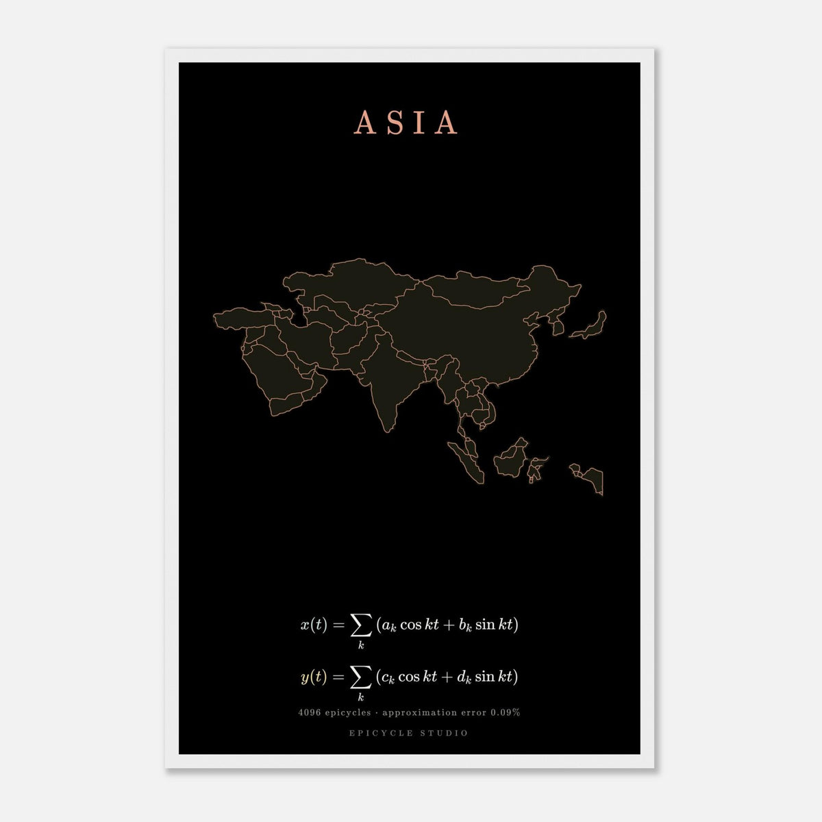 Asia map drawn by 4096 rotating circles, salmon line art on a framed poster (5)