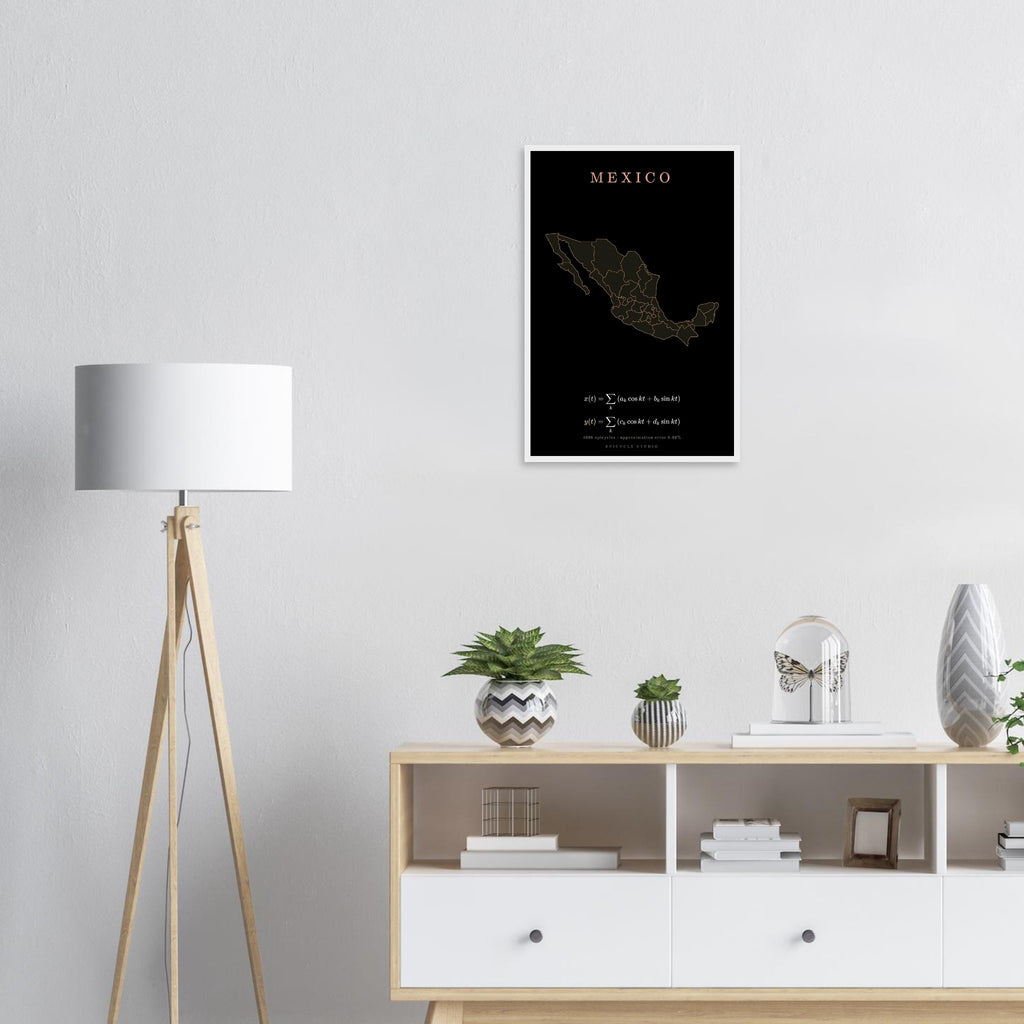 Mexico map drawn by 4096 rotating circles, salmon line art on a framed poster (8)