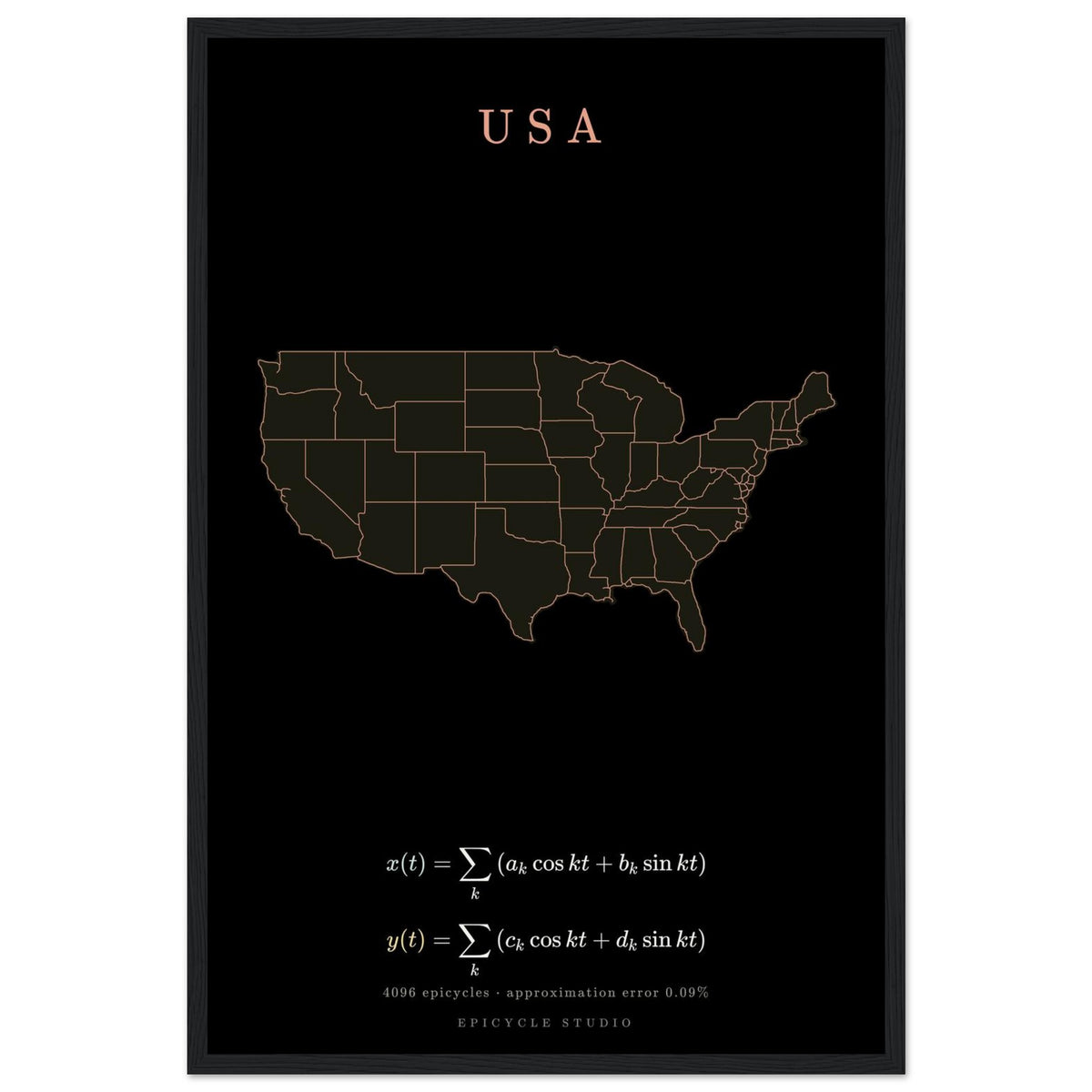 USA map drawn by 4096 rotating circles, salmon line art on a framed poster (3)