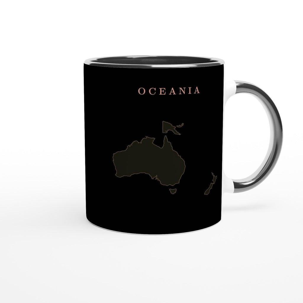 Oceania map drawn by 4096 rotating circles, salmon line art on a black mug (3)