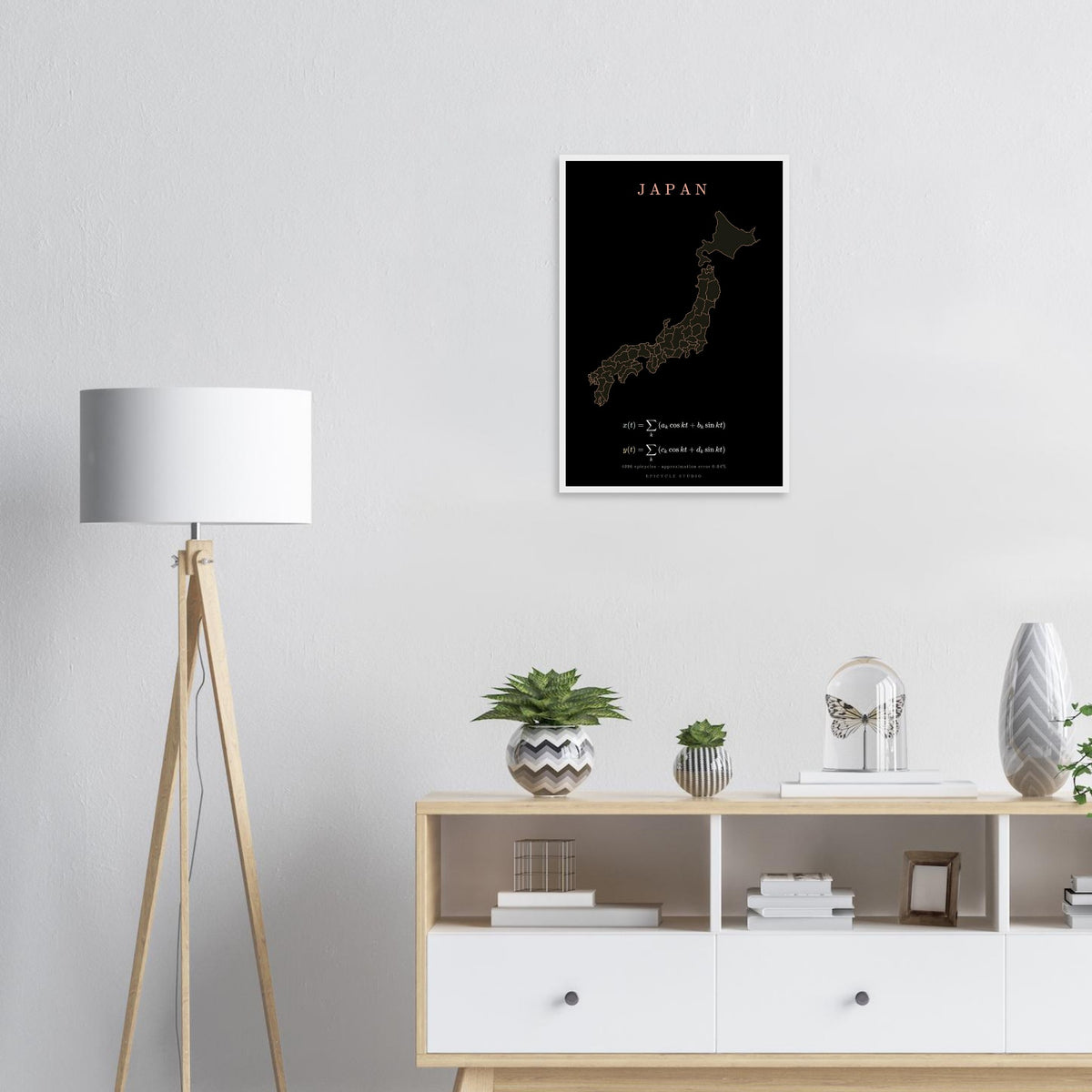 Japan map drawn by 4096 rotating circles, salmon line art on a framed poster (8)