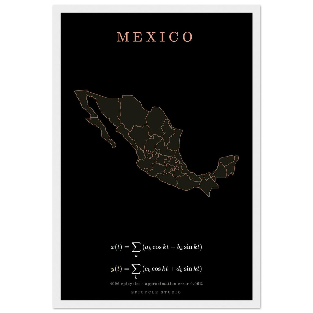 Mexico map drawn by 4096 rotating circles, salmon line art on a framed poster (4)