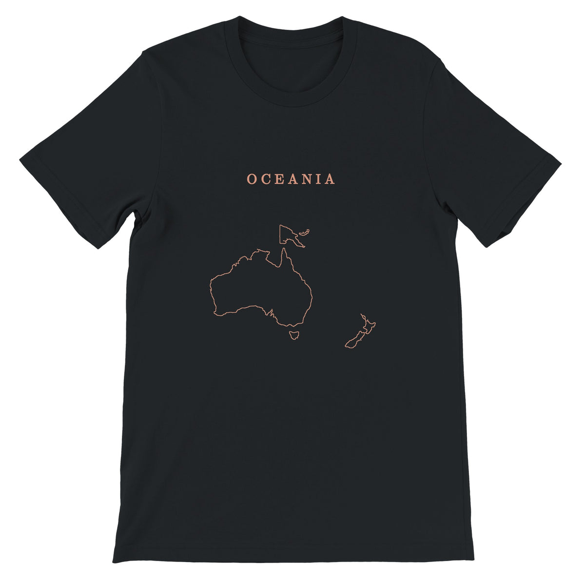 Oceania map drawn by 4096 rotating circles, salmon line art on a black t-shirt (2)