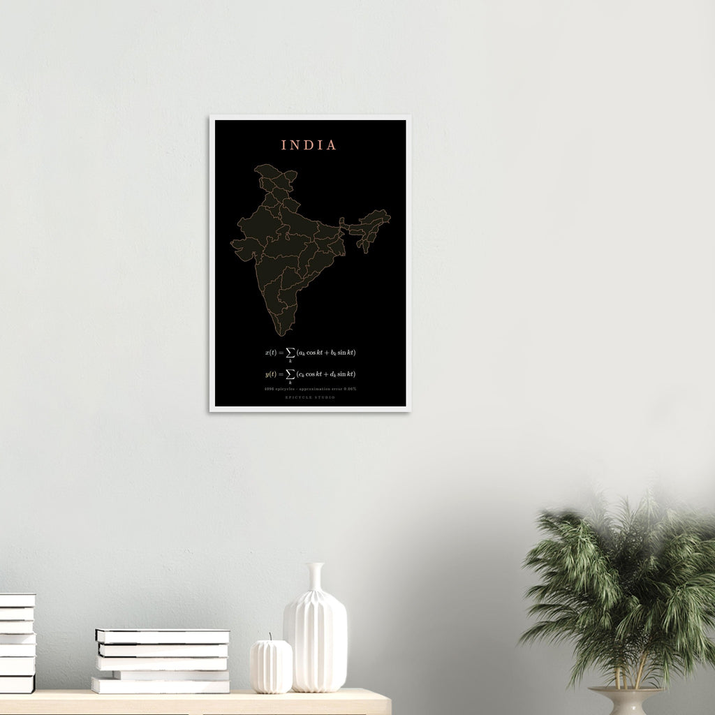 India map drawn by 4096 rotating circles, salmon line art on a framed poster (7)