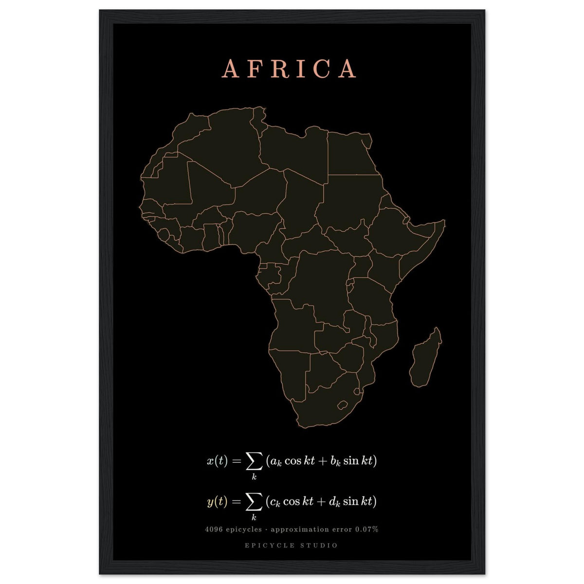Africa map drawn by 4096 rotating circles, salmon line art on a framed poster