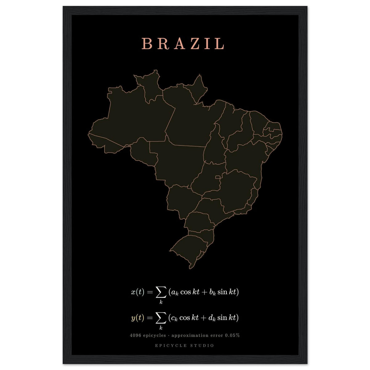 Brazil map drawn by 4096 rotating circles, salmon line art on a framed poster
